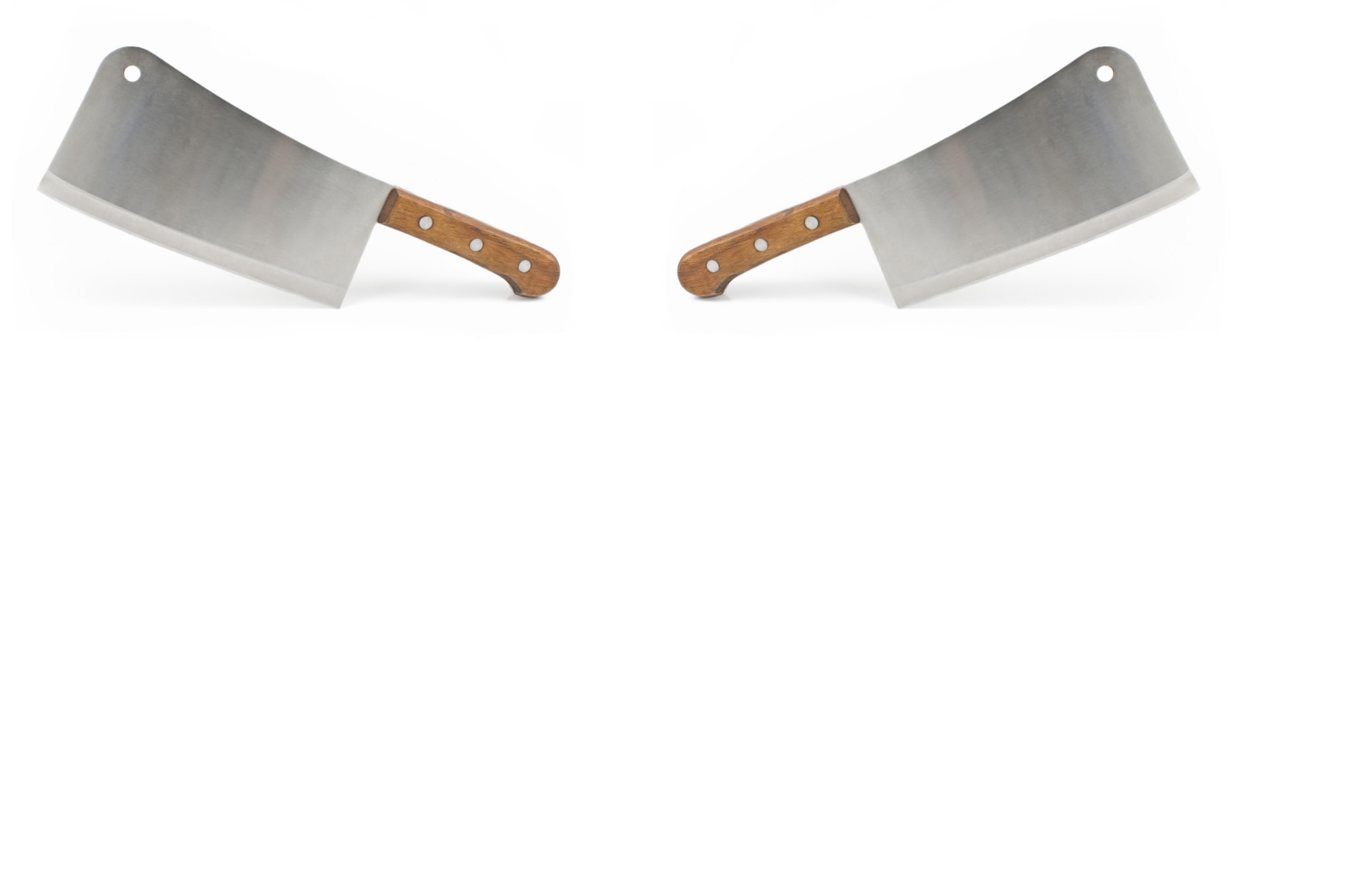 Two meat cleavers on a white background