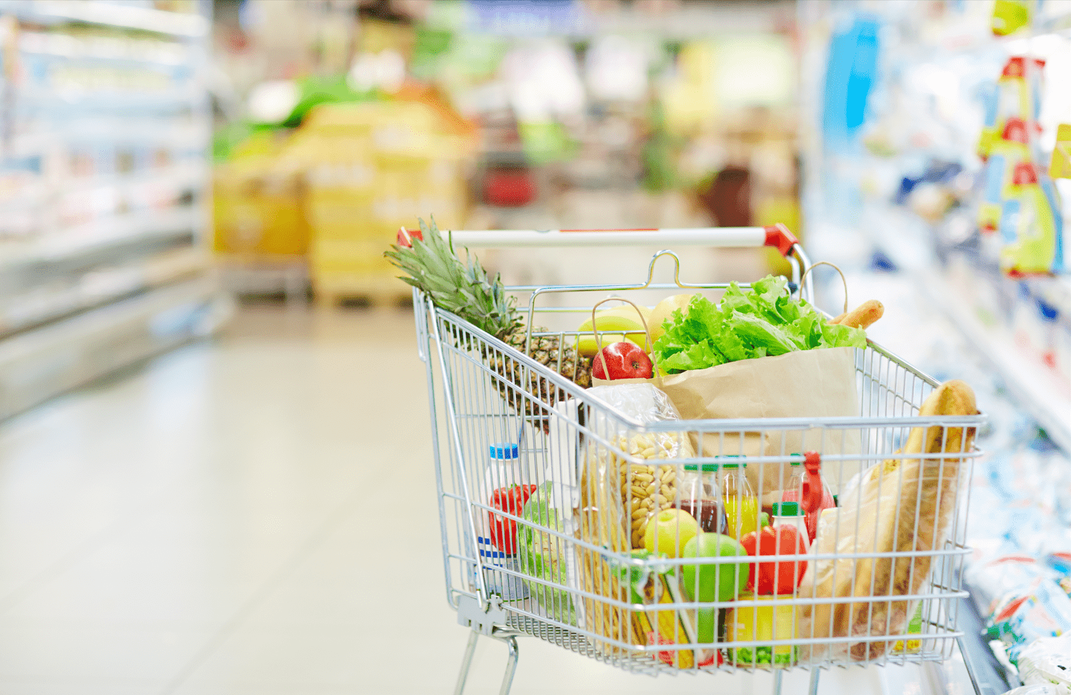 Shopping cart with different food